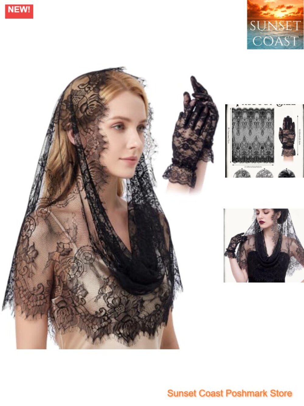 Gothic Lace Mantilla Veil & Gloves Set Women Costume Accessory